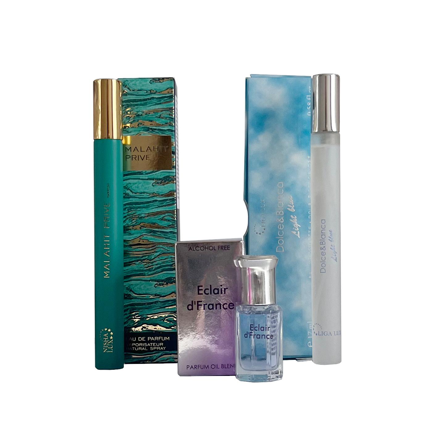 Ženski set parfema Dolce & Blanca Light Blue, EDT, 17 ml + Malahit Prive, EDT, 17 ml + Parfemsko ulje Eclair d'France, 6 ml
