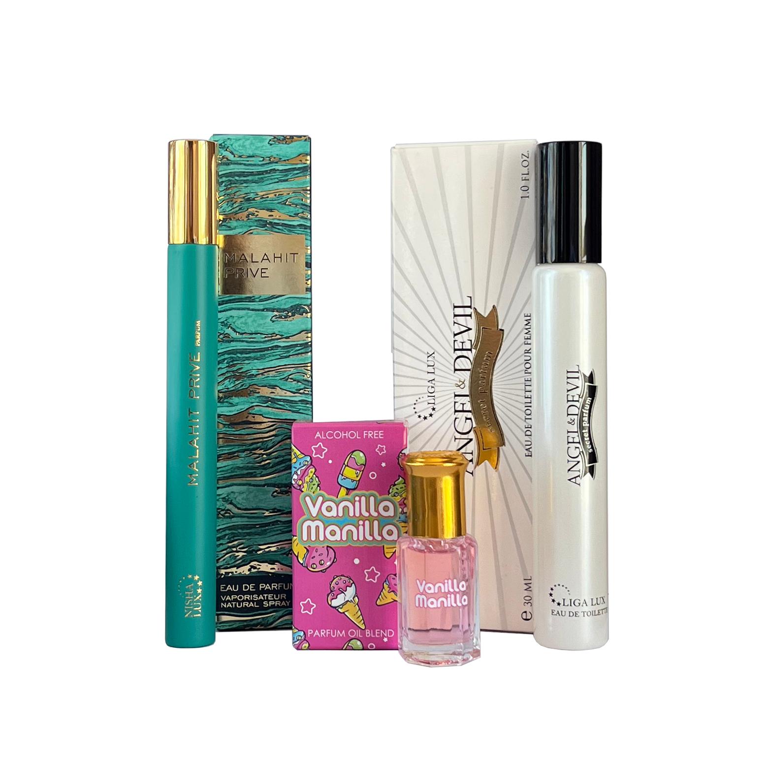 Ženski set parfema Angel & Devil, EDP, 30 ml + Malahit Prive, EDP, 17 ml + Parfemsko ulje Vanilla Manilla, 6 ml