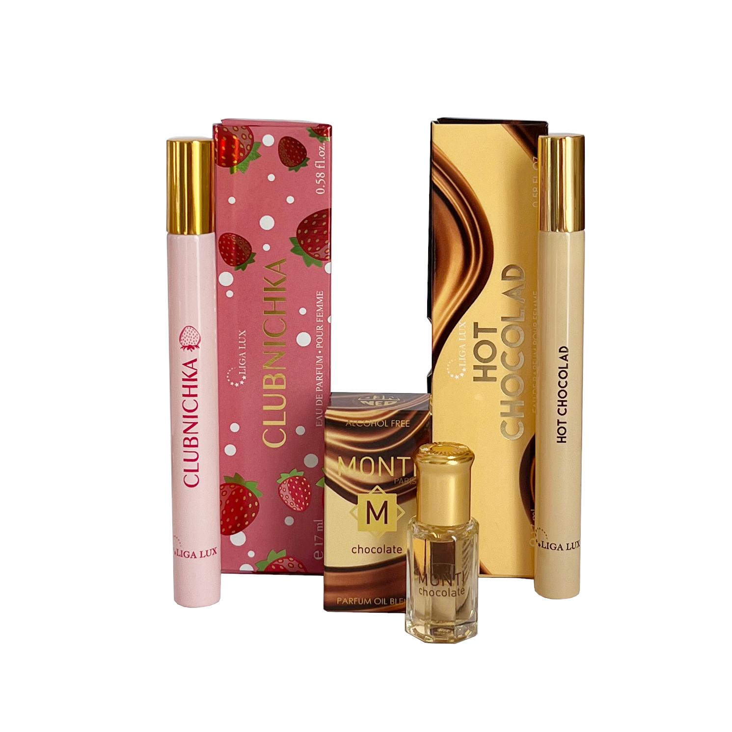 Ženski set parfema Hot Chocolad, EDT 17 ml + Clubnichka, EDP 17 ml + Parfemsko ulje Monti Chocolate, 6 ml