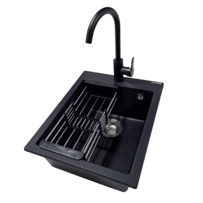 SanDonna Sudopera sa slavinom i sifonom Vesta, Black Swan, Oceđivač, Granit, Crna