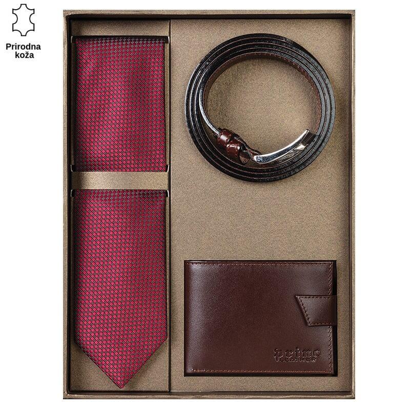 Princ Leather Muški poklon set, Kravata novčanik i kaiš, Braon