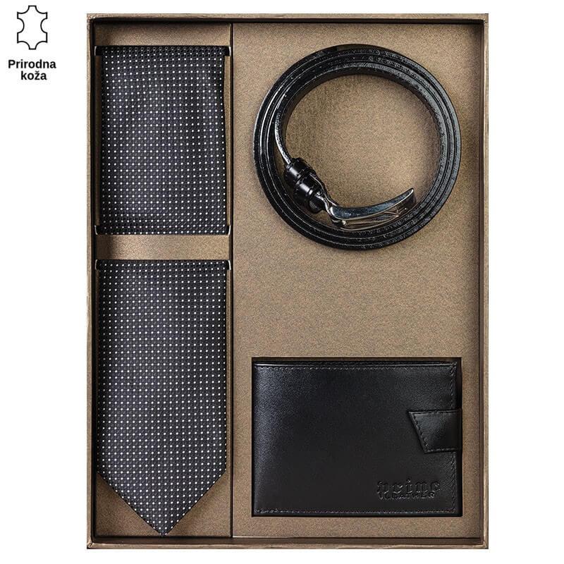 Princ Leather Muški poklon set, Kravata novčanik i kaiš, Crni