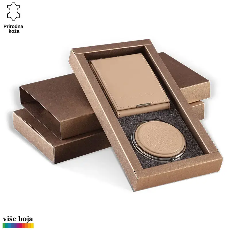 Princ Leather Ženski poklon set futrola za kartice i ogledalce, Bež