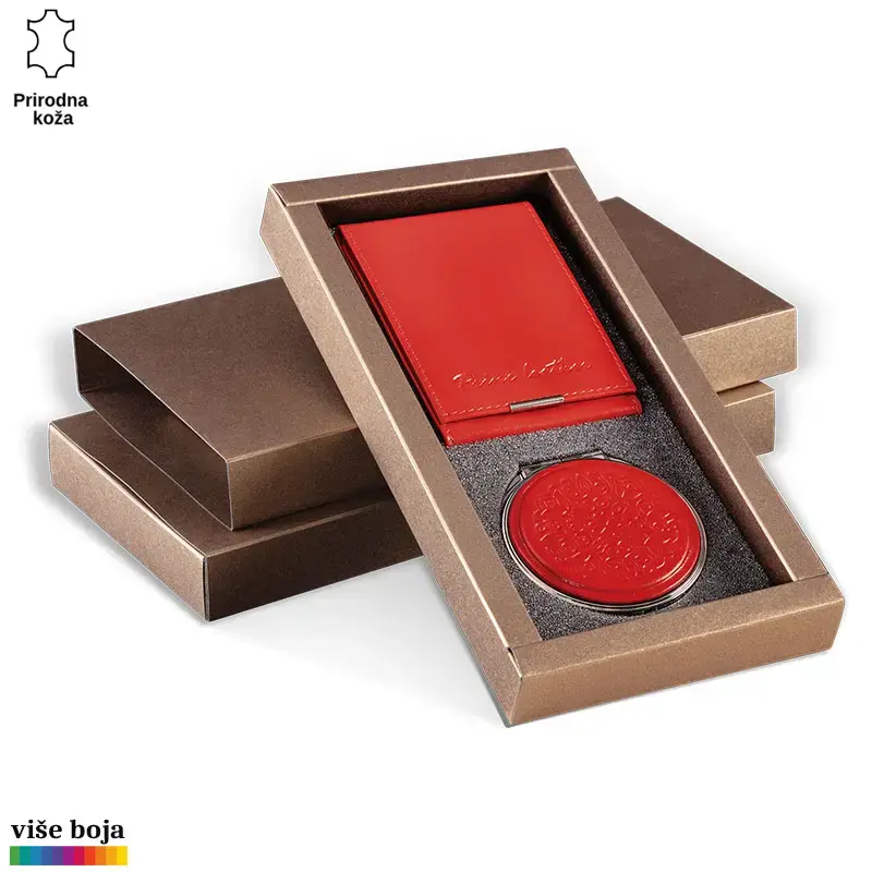 Princ Leather Ženski poklon set futrola za kartice i ogledalce, Crveni