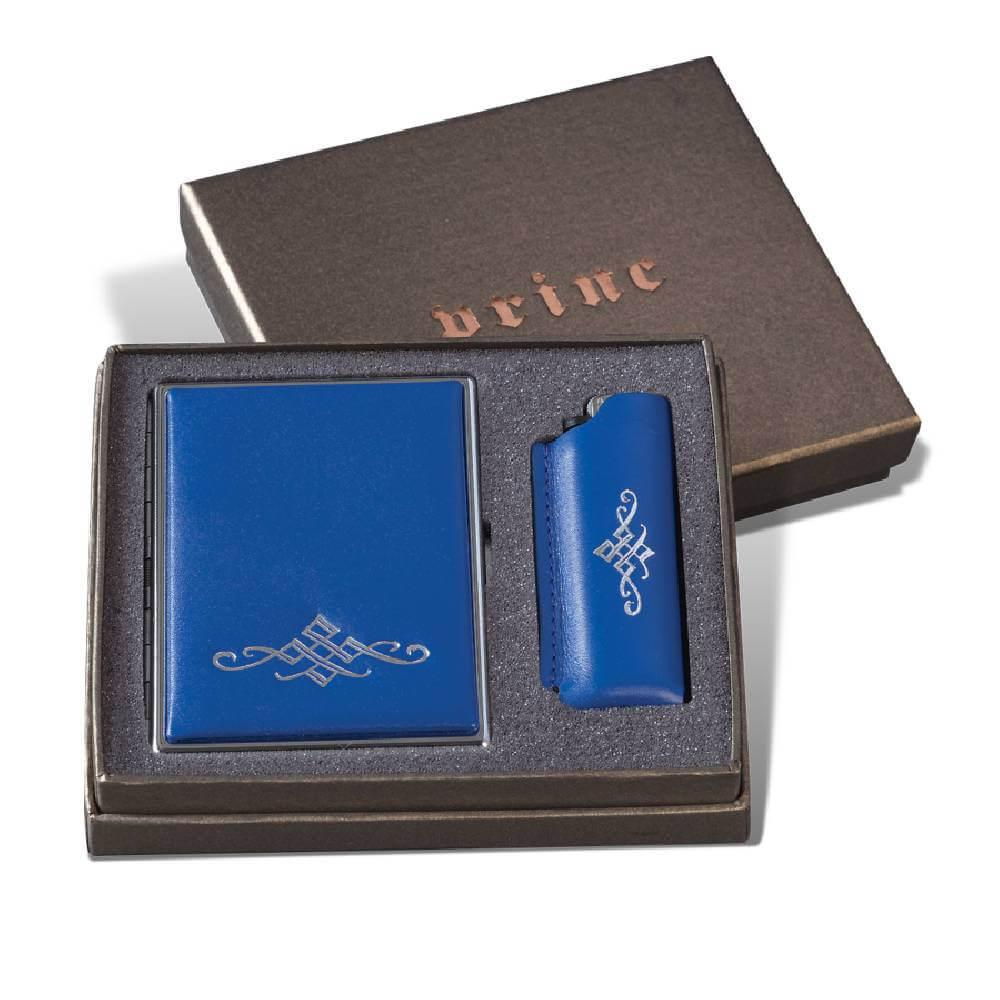 Princ Leather Set tabakera i futrola za upaljač, 145x125x30mm, Plava