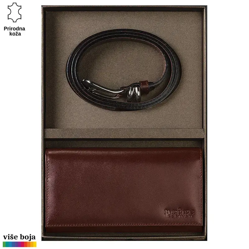 Princ Leather Ženski poklon set novčanik i kaiš, Braon