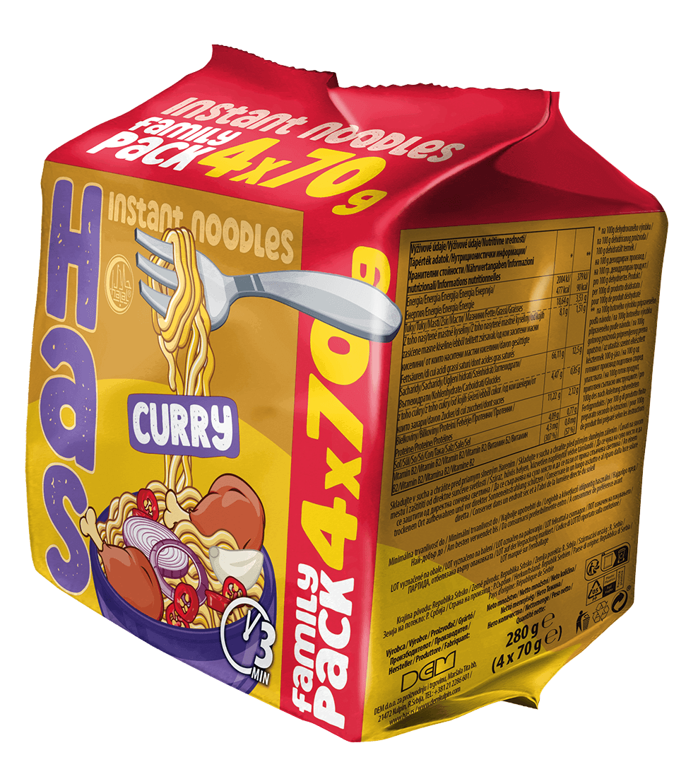 HAS NOODLE Nudle sa ukusom karija, Porodično pakovanje, 4x70g