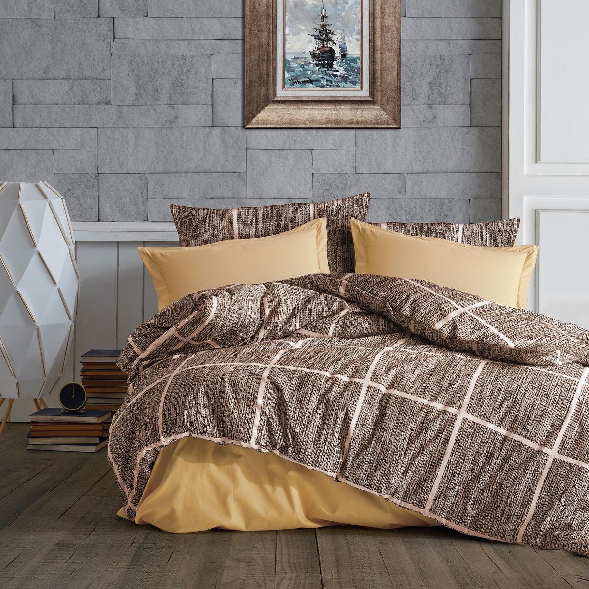 Mille Notti Ocher Square Pamučna posteljina za bračni ležaj, 200x220 cm, Braon-oker