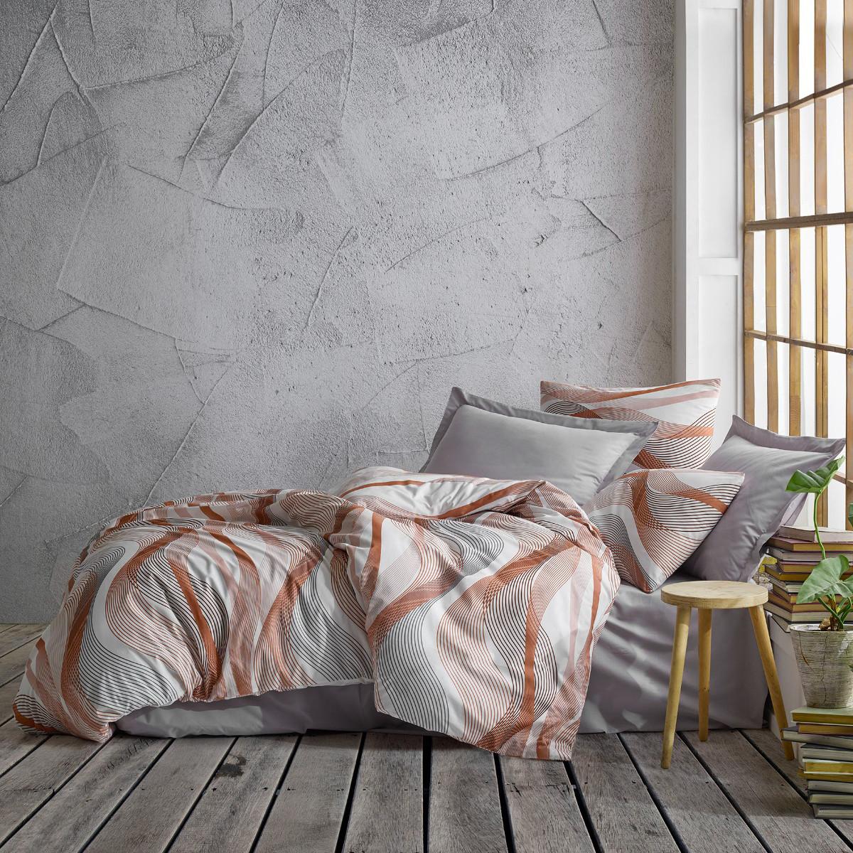 Mille Notti Orange Waves Pamučna posteljina za bračni ležaj, 200x220 cm, Sivo-narandžasta