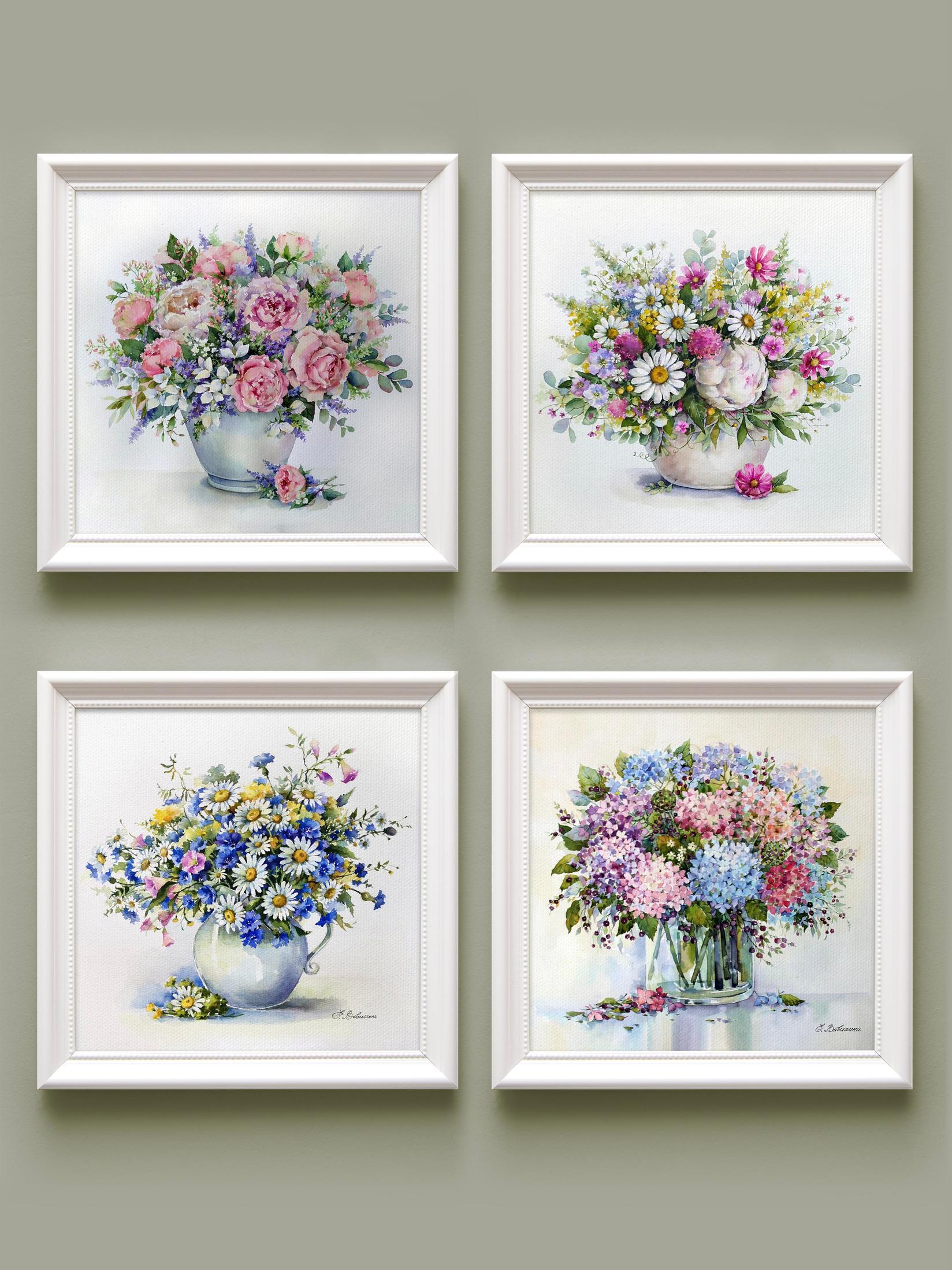 Home Gallery Set od 4 uramljene slike "Buketi u saksijama"  23x23cm