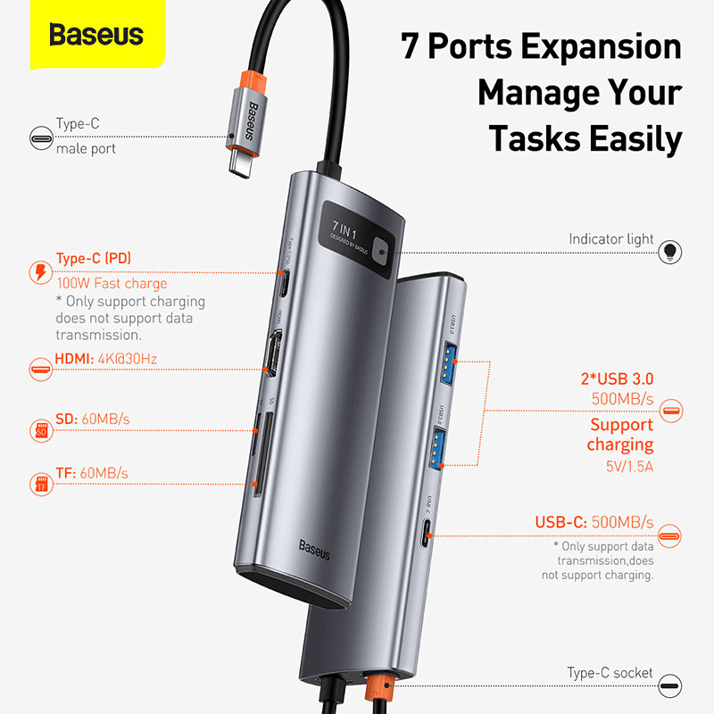 Selected image for BASEUS HUB Adapter Metal Gleam Series 7-in-1 Multifunctional Type-C (Type-C to HDMI*1+USB3.0*2+USB-C*1+PD*1+SD/TF*1)