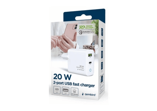 GEMBIRD TA-UC-PDQC20L-W-01 punjac 20W, 2-port USB-A+USB-C LED, Bela