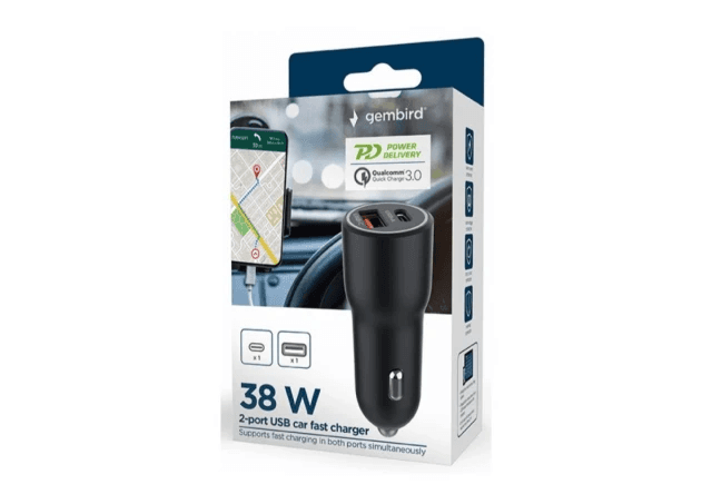 GEMBIRD TA-UC-AC2PDQC38-CAR-01 2-port USB car fast charger, Type-C PD, 38W, Crna