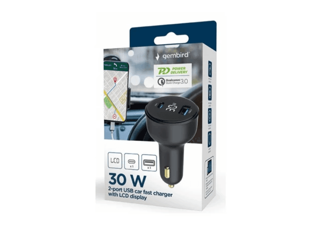 GEMBIRD TA-UC-AC2PD30LCD-CAR-01 2-port USB brzi punjac za auto, Type-C PD, LCD, 30W