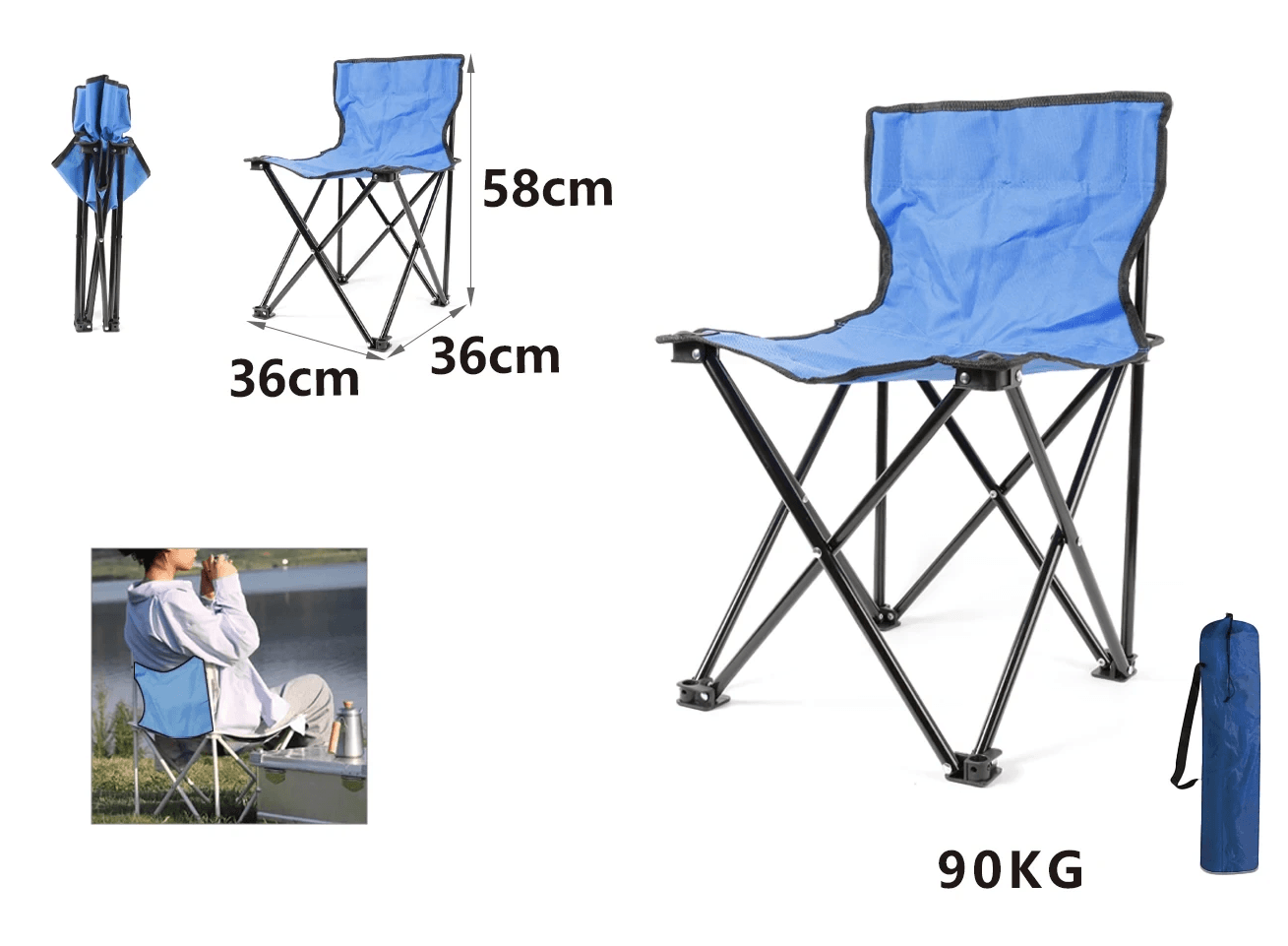 Sklopiva stolica sa četiri nogara, Srednja, 90kg, 36x58x36cm, Plava