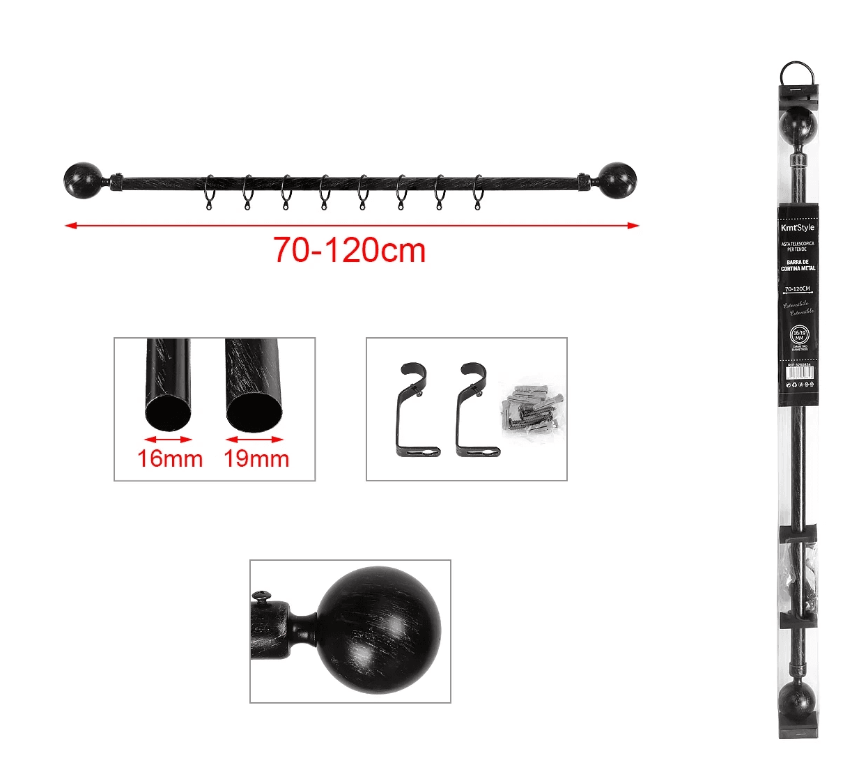 KMT Kuka za zavese sa bočnim produžetkom, 70-120cm, Crno-zlatna
