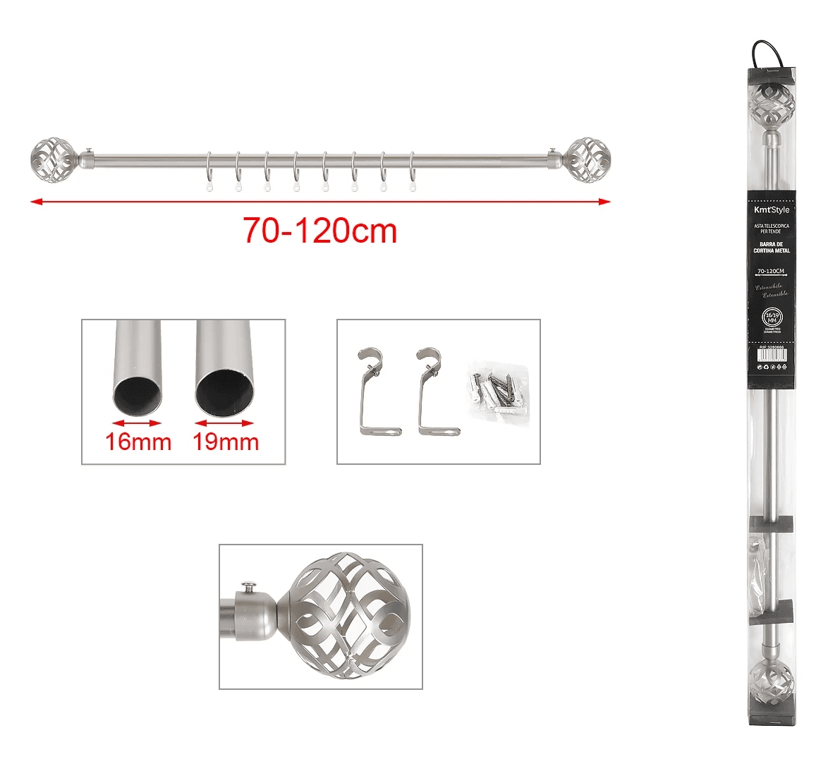 KMT Šipka za zavesu sa elektro-nanom premazom (brušeni nikl), 70-120cm