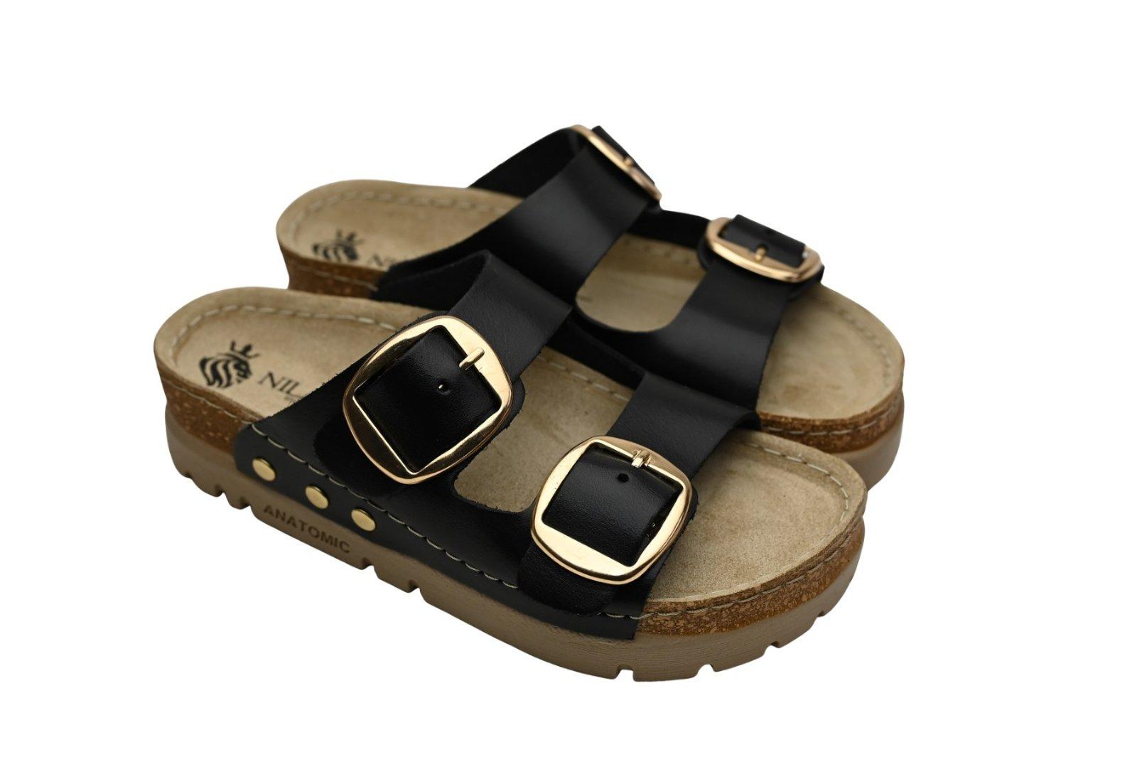 Niland Ženske anatomske kožne papuče, Sa 2 kaiša, Crne