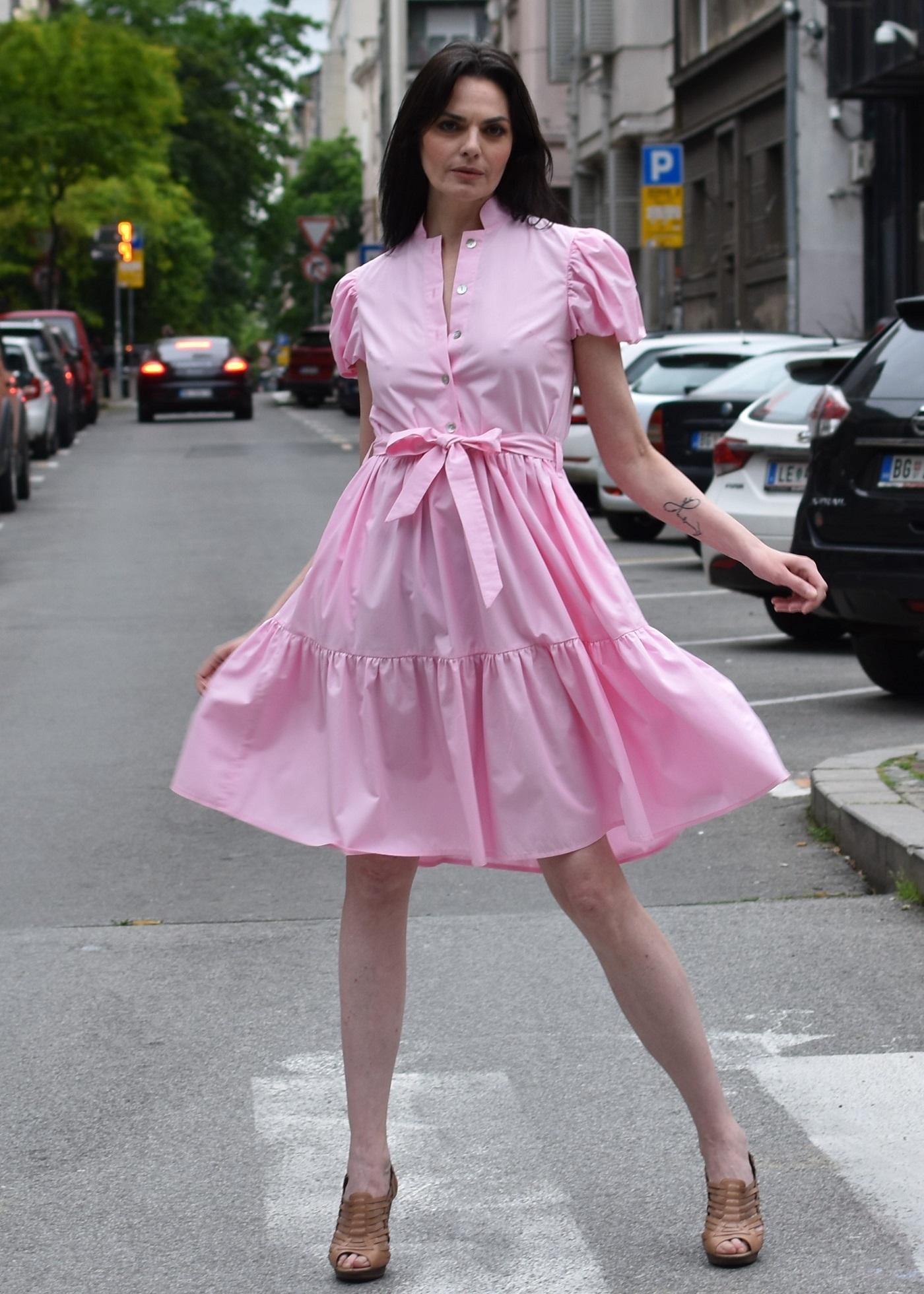 PAMUKLIK Ženska haljina kratkih puf rukava sa karnerima JAZZ roze