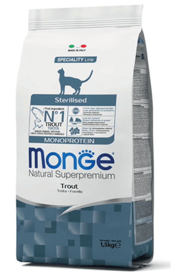 Monge Sterilisana suva hrana za mačke Natural Superpremium, Pastrmka, 1.5kg