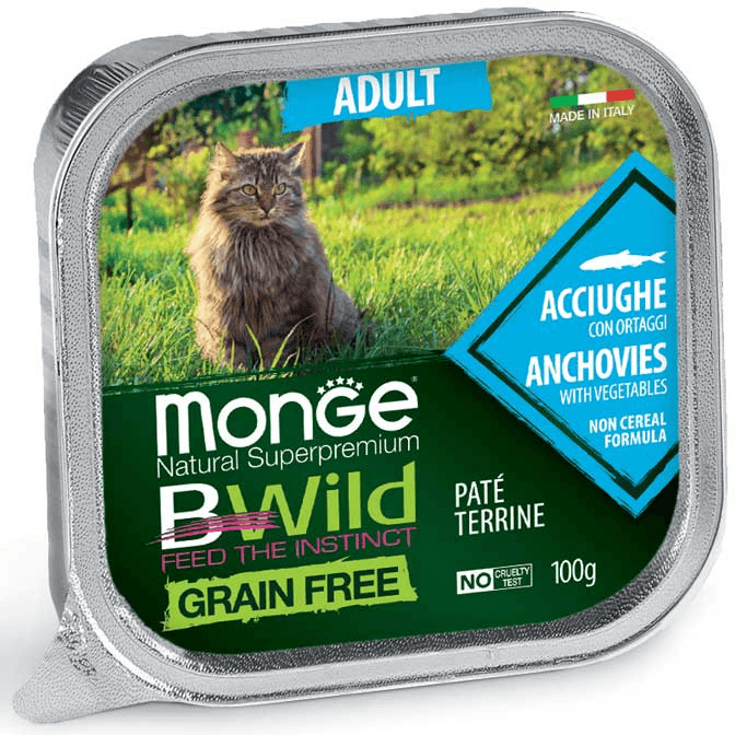 Monge Pašteta za odrasle mačke Natural Superpremium BWild, Bez žitarica, Inćuni i povrće, 0.1kg