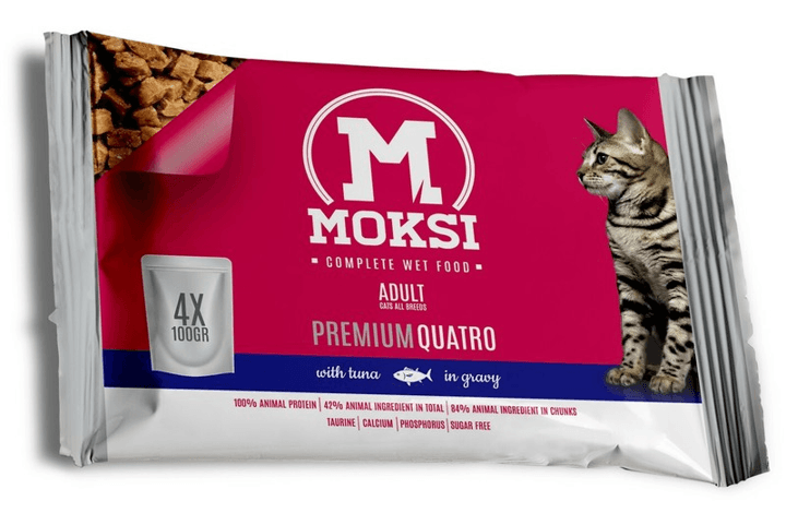 Moksi Kompletna vlažna hrana za odrasle mačke svih raSa Premium Quatro, Tunjevina u sosu, 0.4kg