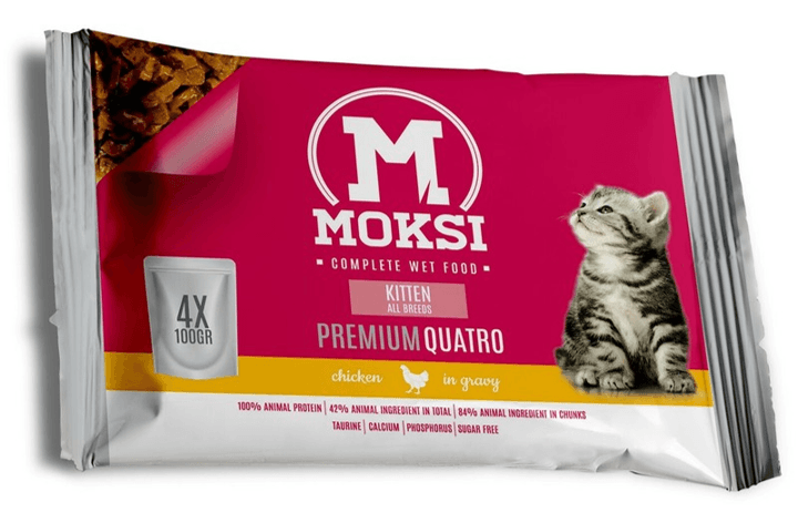 Moksi Kompletna vlažna hrana za mačiće svih rasa Premium Quatro, Piletina u sosu, 0.4kg