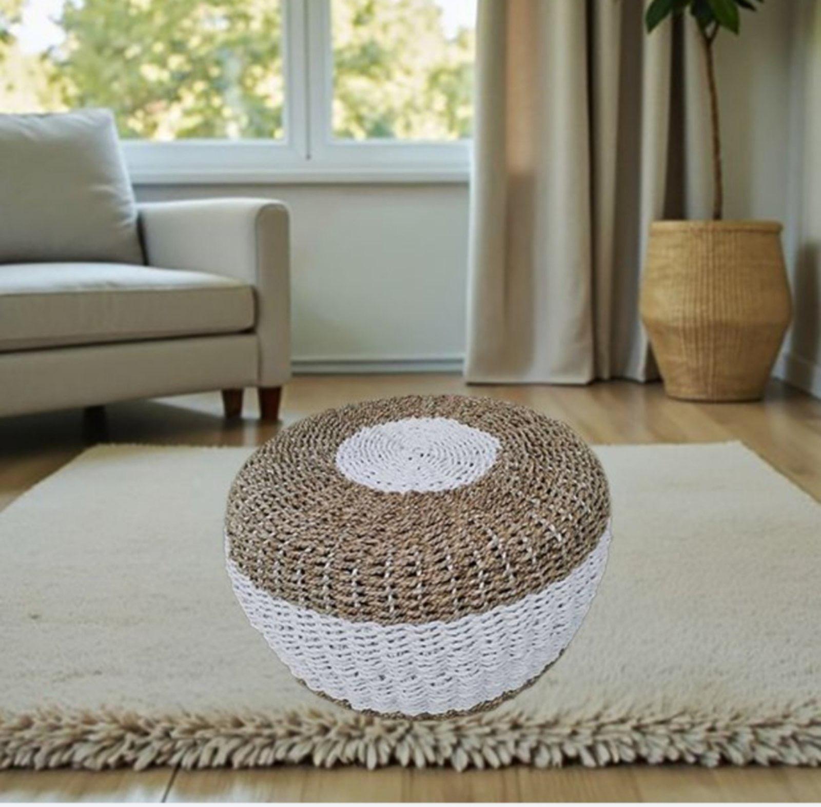 Bali - Ručni rad Tabure, Ratan, 50 cm, Bež-beli