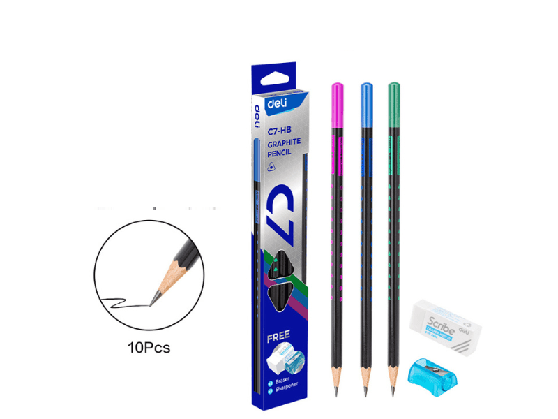 DELI Set trougaonih grafitnih olovaka gumica i rezač EC7-HB, 10 komada