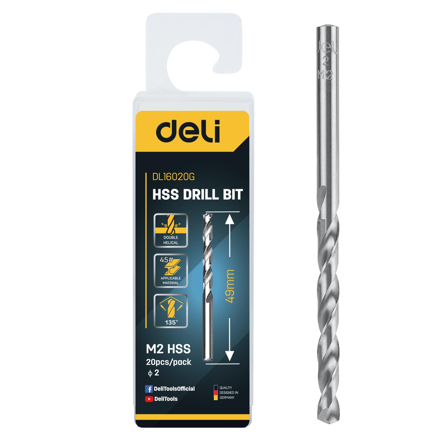 DELI Burgija spiralna HSS EDL16020G, Za metal, 2.0 mm, 20 komada