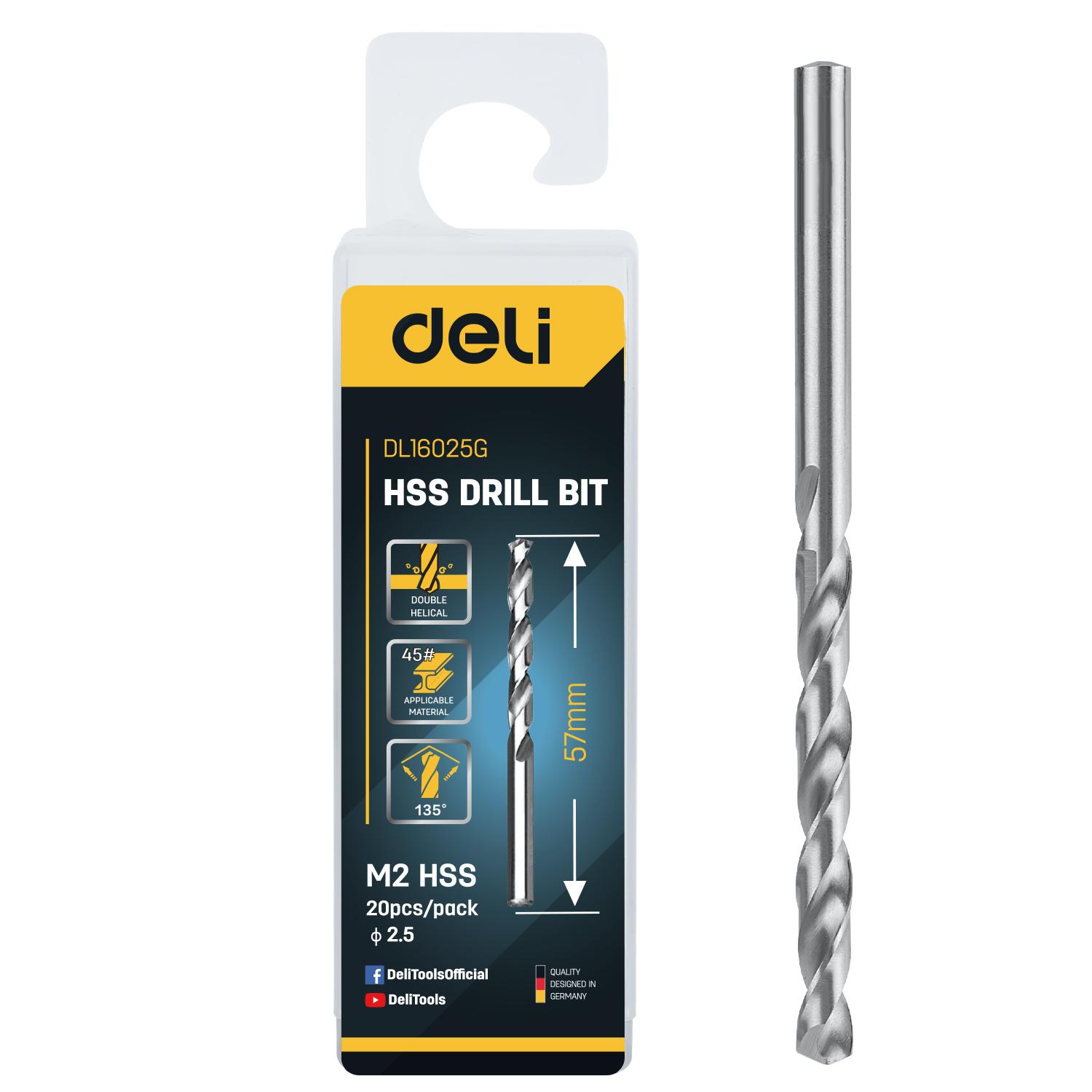 DELI Burgija spiralna HSS EDL16025G, Za metal, 2.5 mm, 20 komada