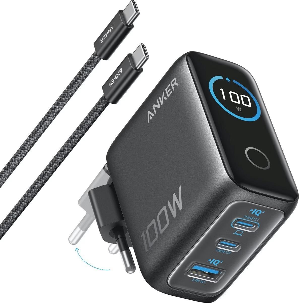 Zidni brzi punjač GaN, 100W, 3-porta (2xUSB-C i USB-A), Tamnosivi