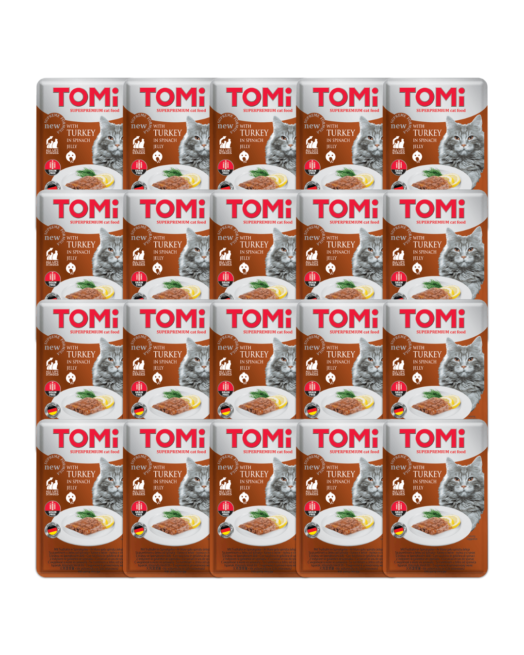 TOMI GF Cat Sosić u želeu za mačke, Ćuretina i spanać, 100g, 20kom