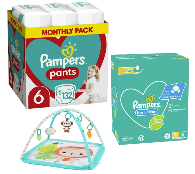 Pampers Pelene Pants 6, Monthly, 15+kg, 132/1+ Pampers Vlažne maramice Fresh clean, 15x80 komada+Bright Starts Podloga za bebe Safari, 20 melodija, Tirkizna