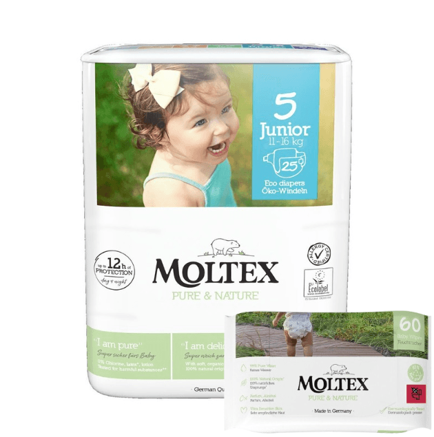 Moltex Pelene za bebe Pure&Nature 5, 11-16 kg, 25/1 + Moltex Vlažne maramice, 60 komada
