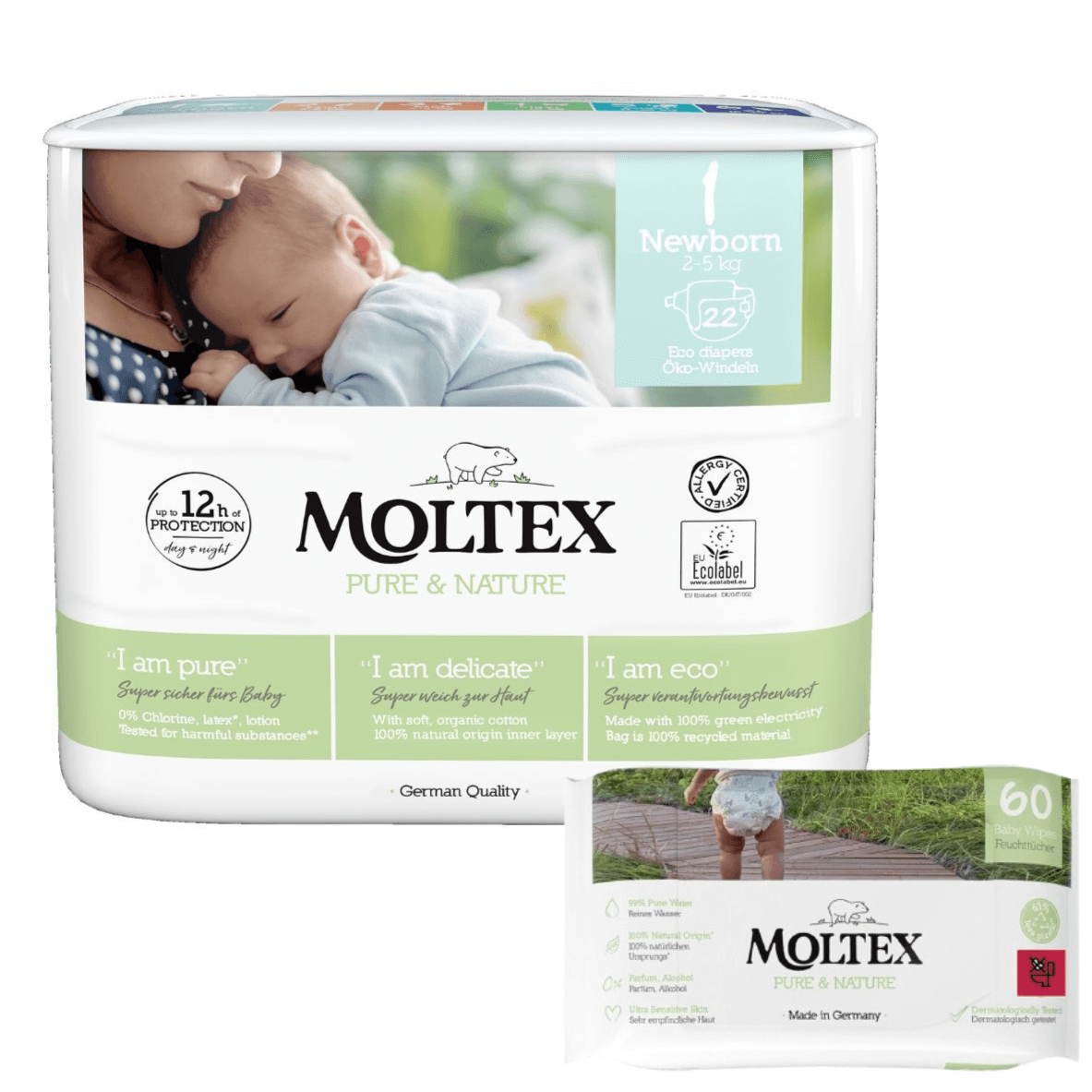 Moltex Pelene Pure&Nature 1, 2-5 kg, 22/1+ Moltex Vlažne maramice, 60 komada