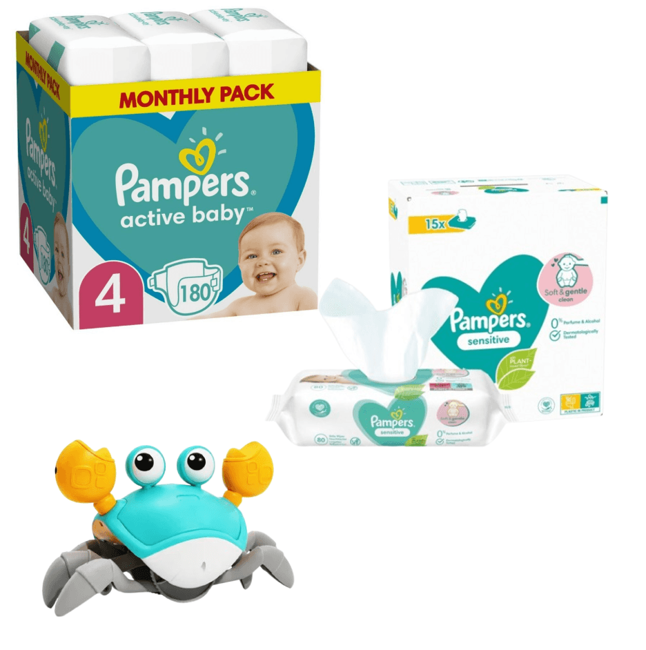 Pampers Pelene Active Baby 4, Monthly, 9-14 kg, 180/1+ Pampers Vlažne maramice Sensitive, 15x80 komada+ Topi Toys Interaktivna igračka Hodajuća kraba, Svetloplava