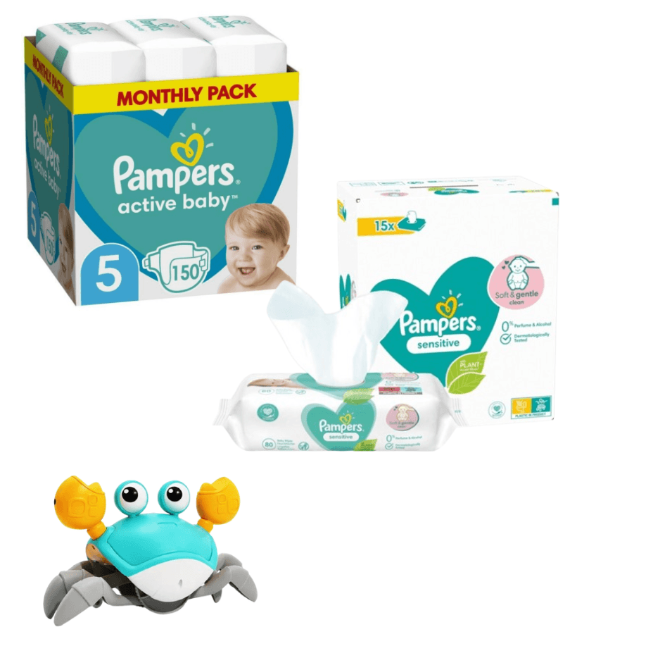 Pampers Pelene Active Baby 5, Monthly, 11-16kg, 150/1+ Pampers Vlažne maramice Sensitive, 15x80 komada+ Topi Toys Interaktivna igračka Hodajuća kraba, Svetloplava