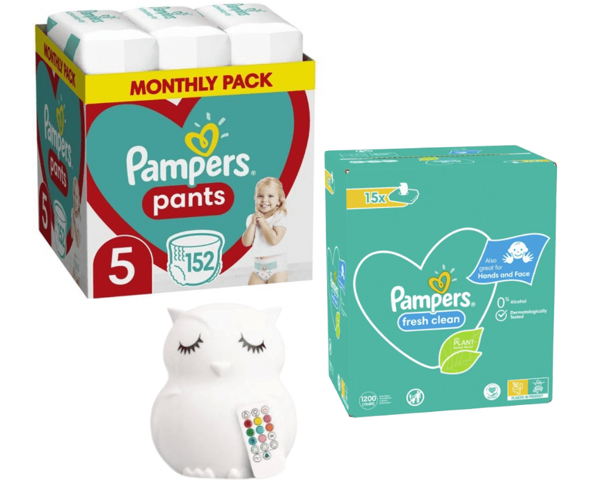 Pampers Pelene Pants 5, Monthly, 12-17kg, 152/1+ Pampers Vlažne maramice Fresh clean, 15x80 komada+Lumipets Noćna lampa Sova