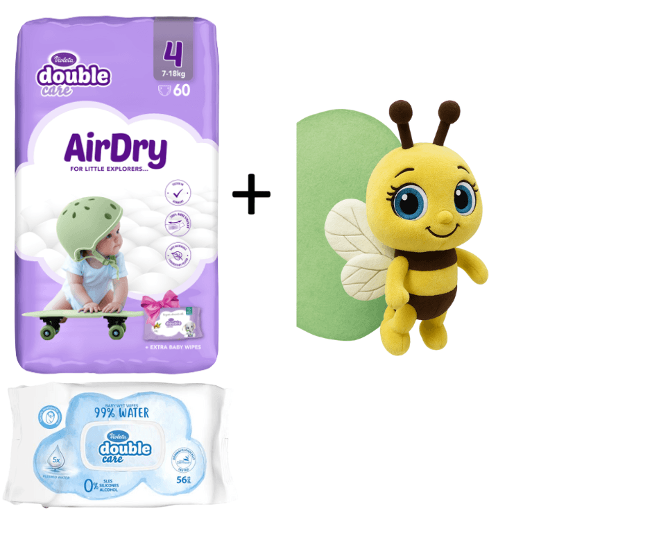 Violeta DC Pelene Air Dry 4, 7-18 kg, 60/1, Violeta Vlažne maramice Water Care, 56/1 + Plišana igračka pčelica gratis