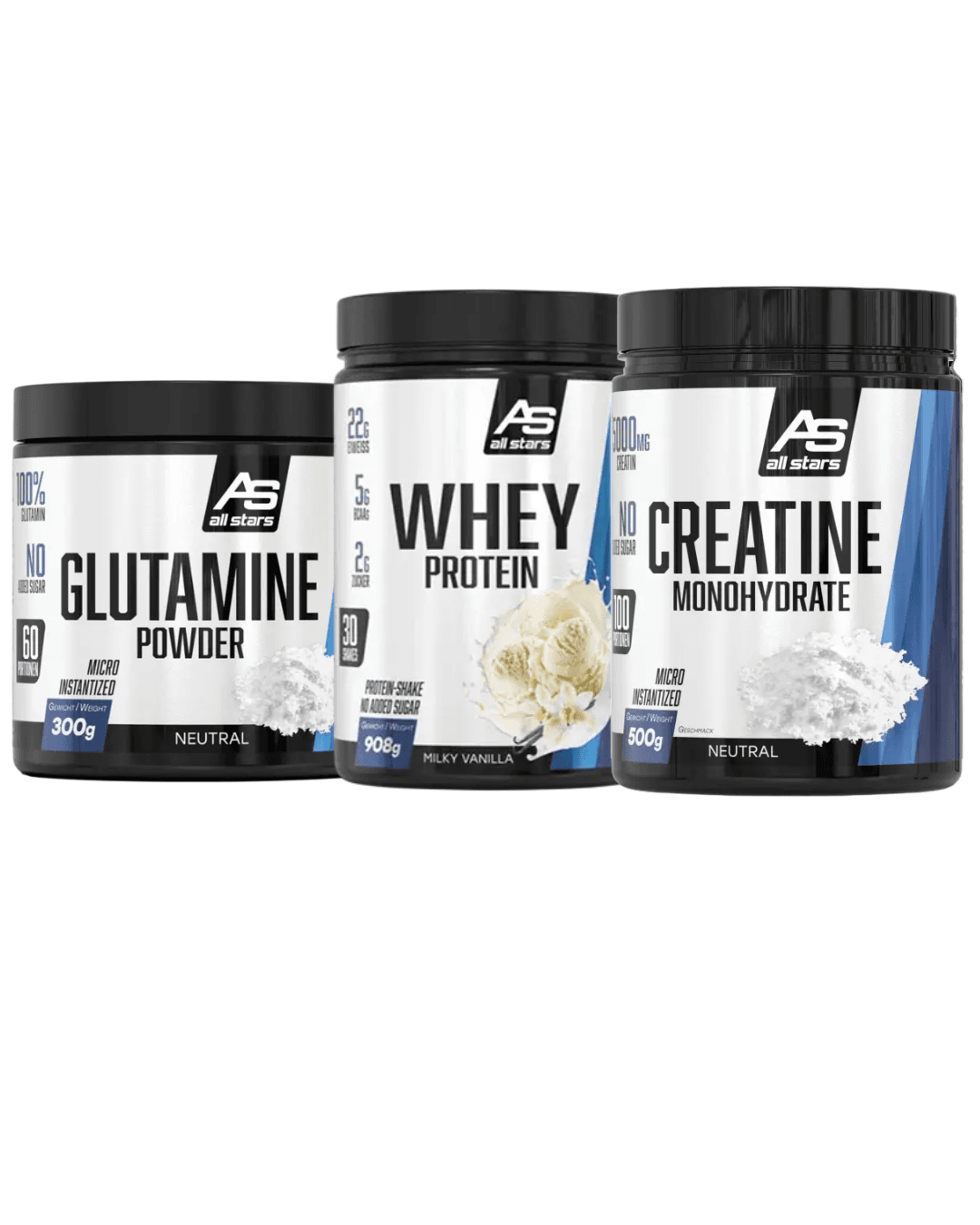 ALL STARS Whey protein Milky Vanilla, 908g, Kreatin monohidrat 500g, Glutamin puder, 300g