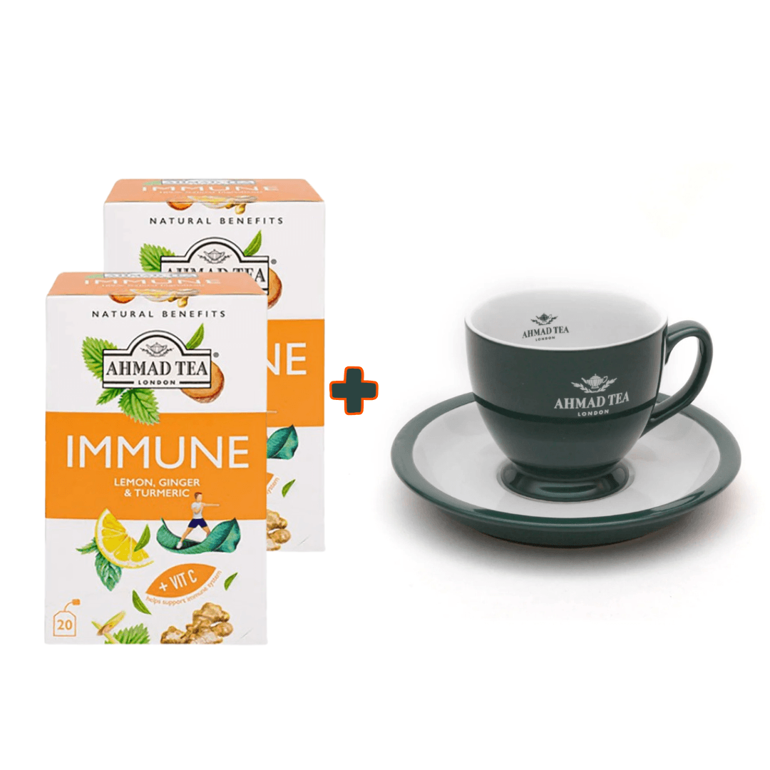 AHMAD TEA Zelena Šoljica sa tacnom, 190 ml + Čaj Immune, 20 kesica, 2 pakovanja