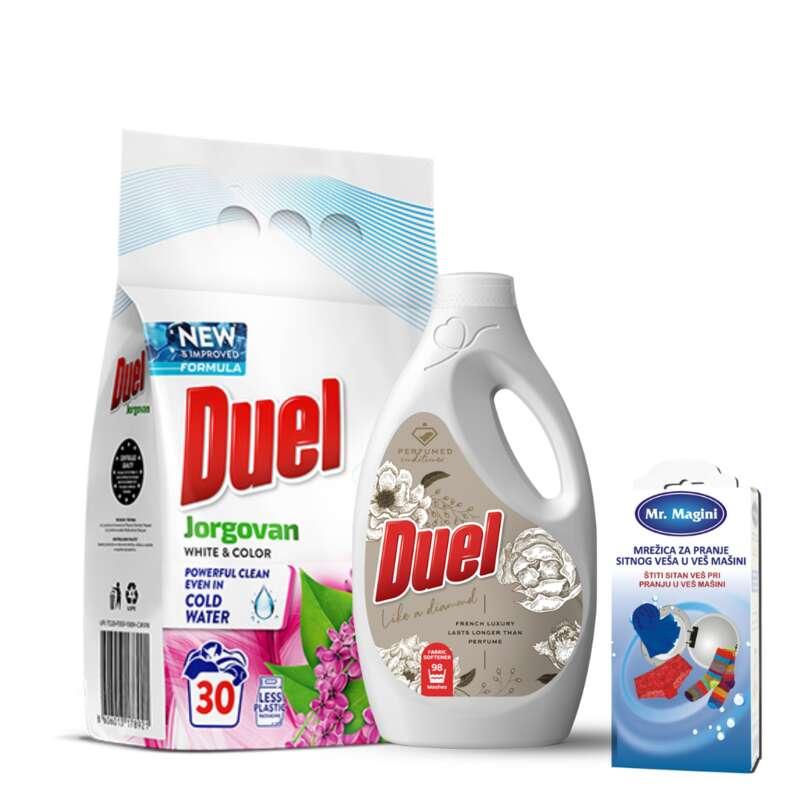 Set praškasti deterdžent Jorgovan 2.7kg, DUEL omekšivač Like a diamond 2.45l i mrežica za veš