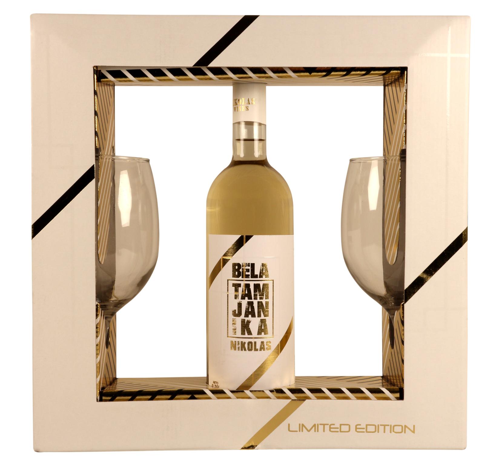 Poklon set premium Belo vino 0.75l + 2 čaše