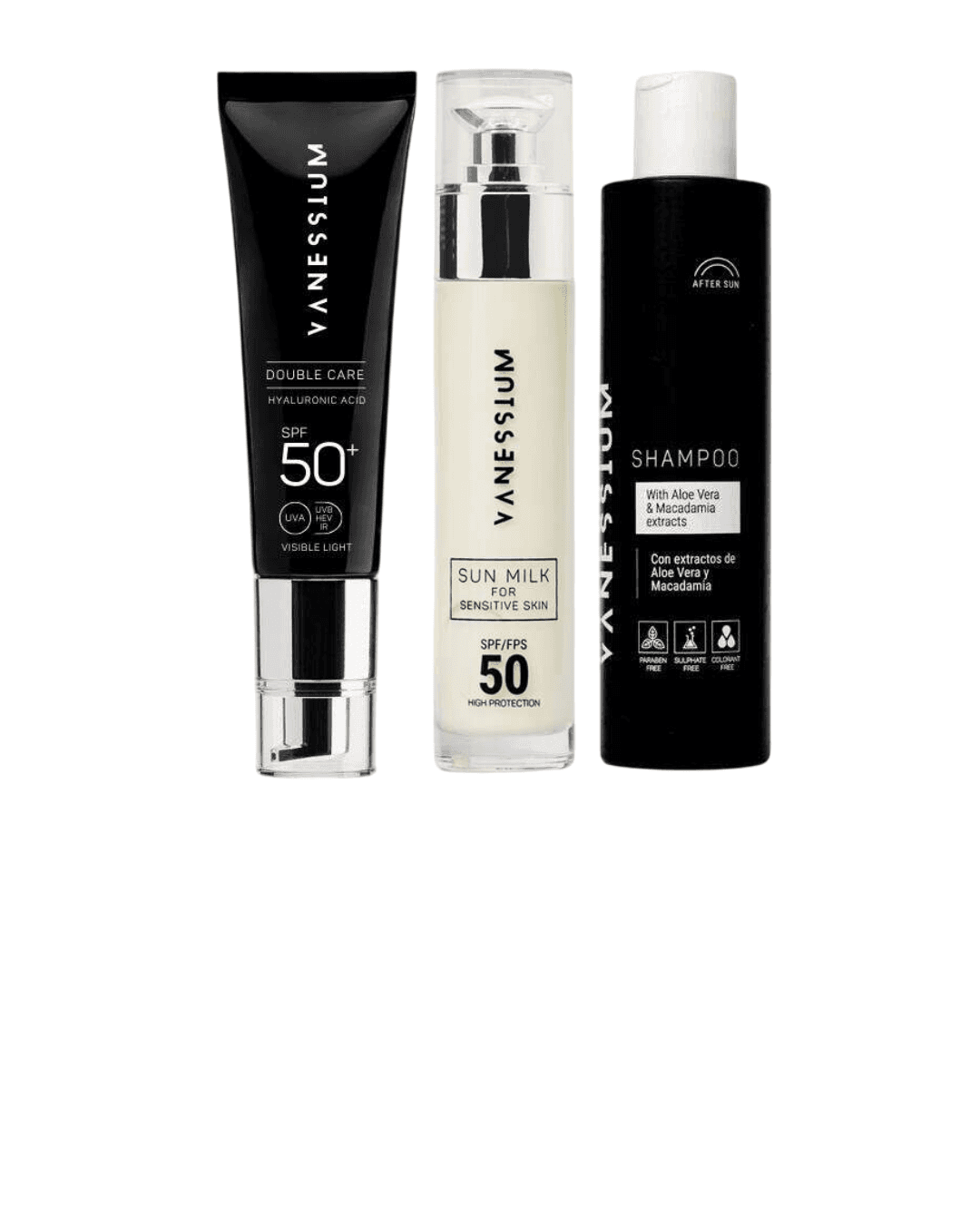 Vanessium Set Mleko za sunčanje za osetljivu kožu 50ml, Šampon za posle sunčanja 200ml, Krema za lice Hyaluron-om  50ml