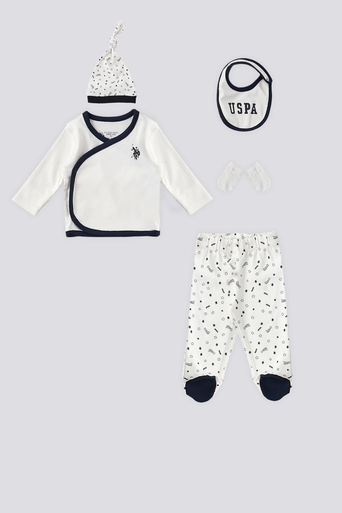 U.S. POLO ASSN. USB1416 Set za bebe, Gornji i donji deo pidžame, benkica, kapica i rukavice, Beli