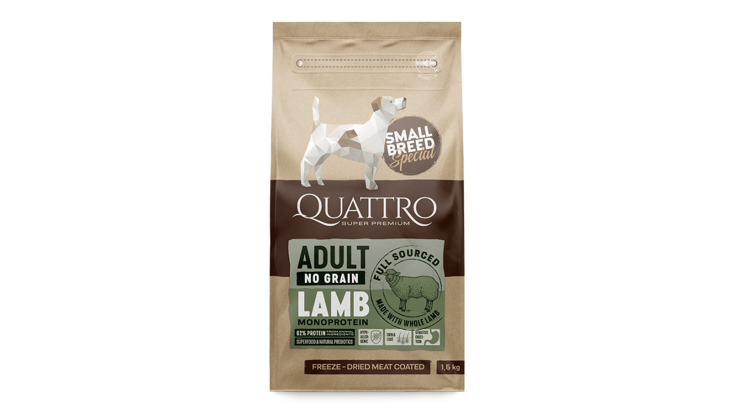 QUATTRO Suva hrana za odrasle pse malih rasa Monoprotein Grain free - Jagnjetina 1.5kg