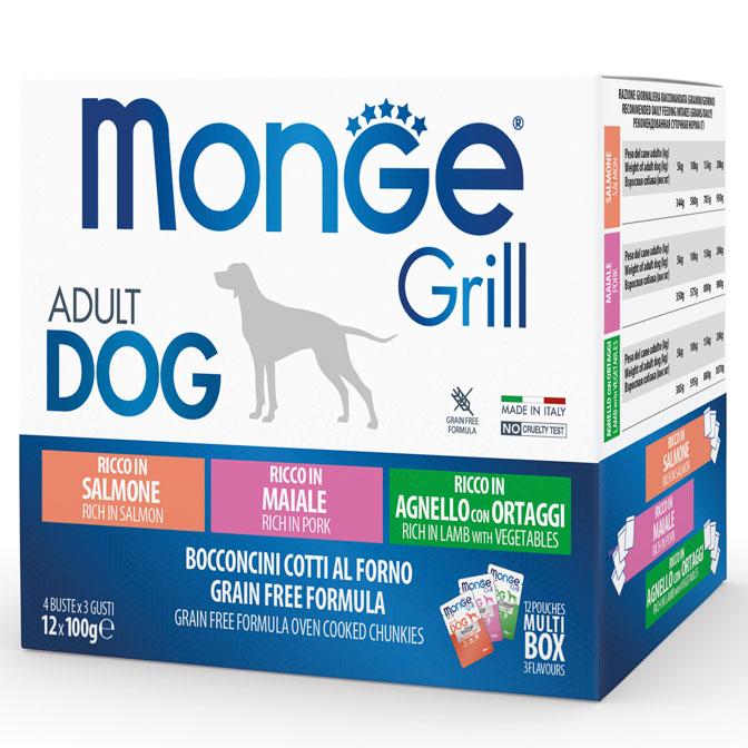 MONGE Vlažna hrana za pse grill multipack sosić 12x100g jagnjetina, svinjetina, losos