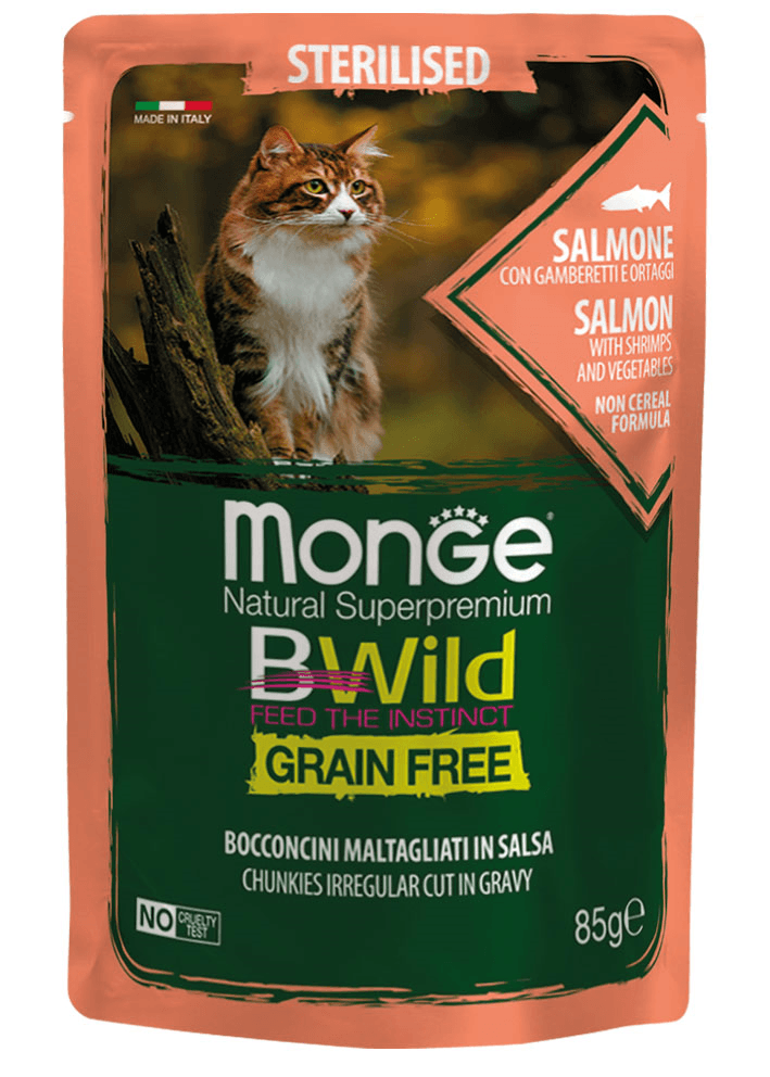 MONGE Sos za sterilisane mačke sa lososom, škampima I povrćem Bwild grain free 85g