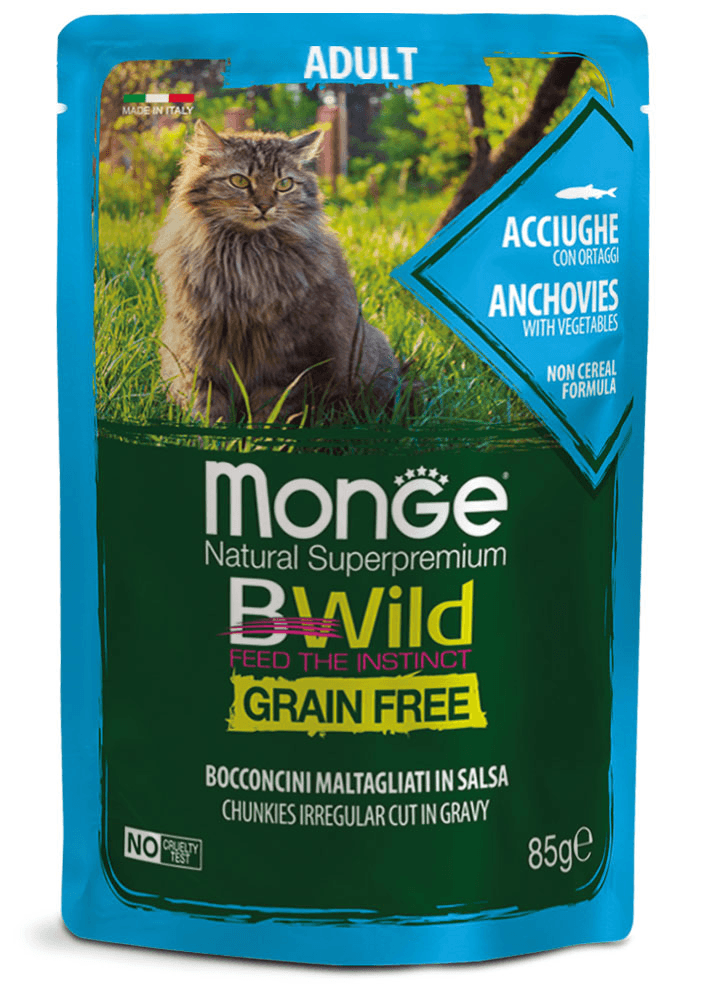 MONGE Sos za mačke sa inćunima i povrćem Bwild Adult grain free 85g